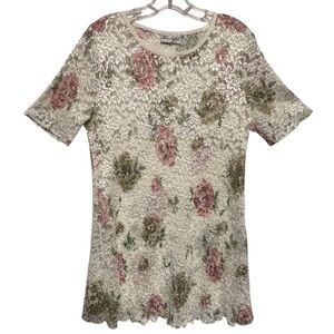 VTG Elisabeth Sheer Lace Tunic Top Mini Dress Floral Sz 14L Fairycore Pink Cream